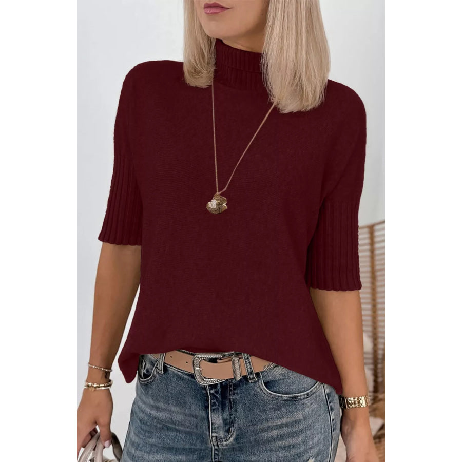 Mock Neck Half Sleeve Ribbed Sweater Burgundy / S Apparel and Accessories