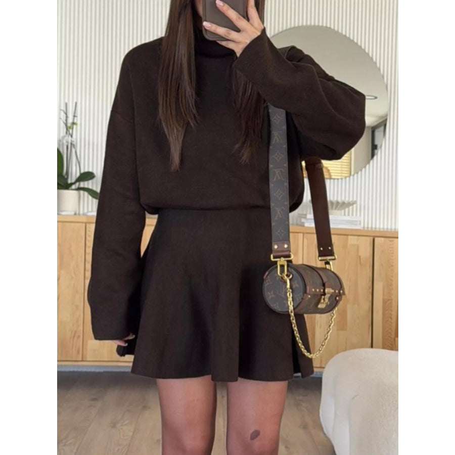 Mock Neck Knit Top and Flared Skirt Set Apparel Accessories