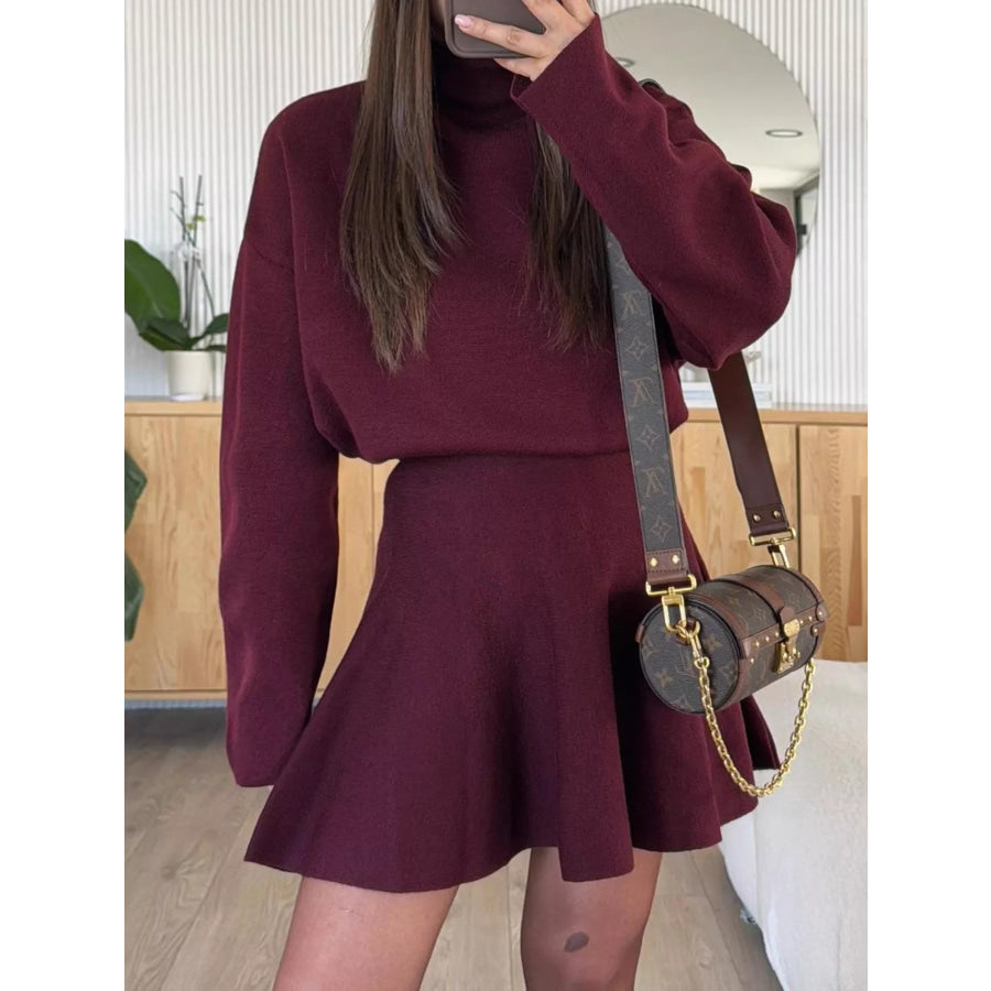 Mock Neck Knit Top and Flared Skirt Set Apparel Accessories