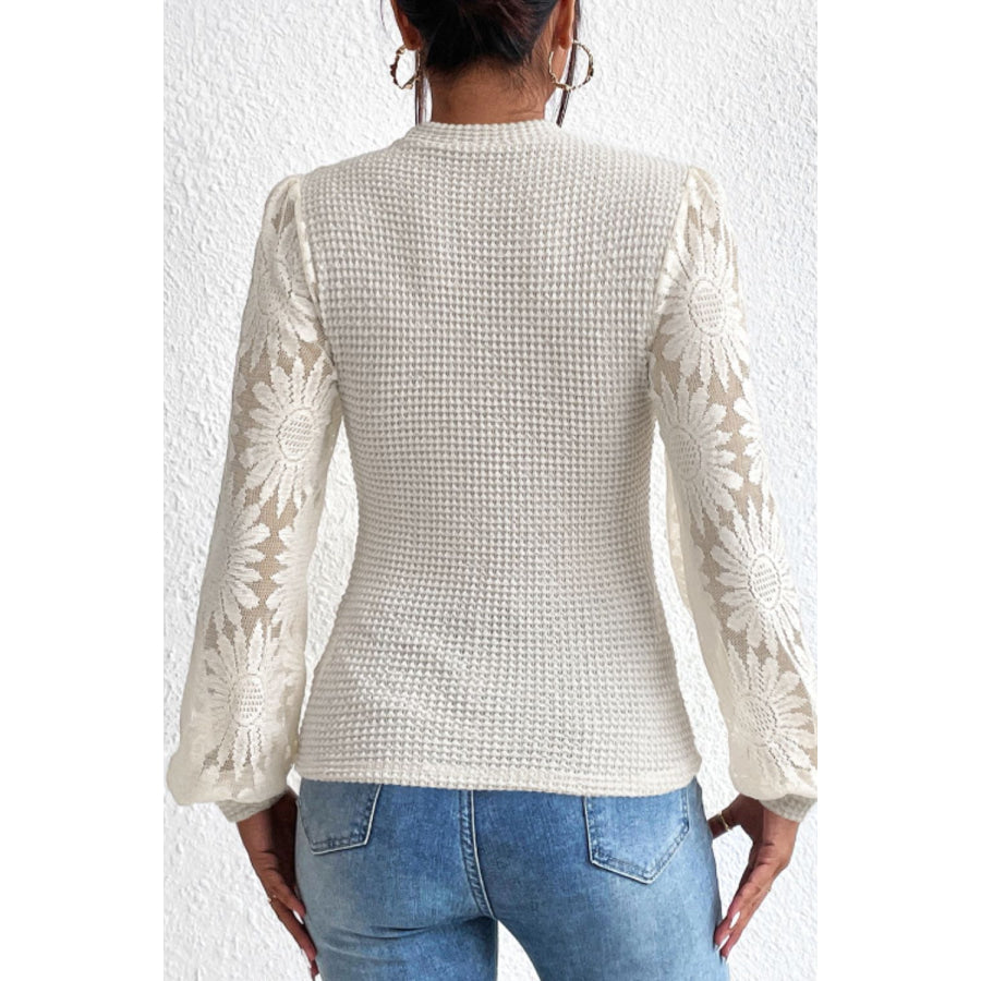 Mock Neck Lace Long Sleeve Top Ivory / S Apparel and Accessories