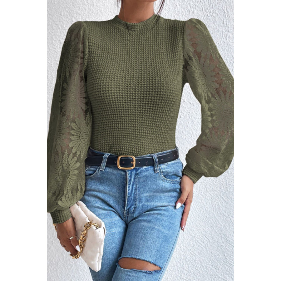 Mock Neck Lace Long Sleeve Top Army Green / S Apparel and Accessories