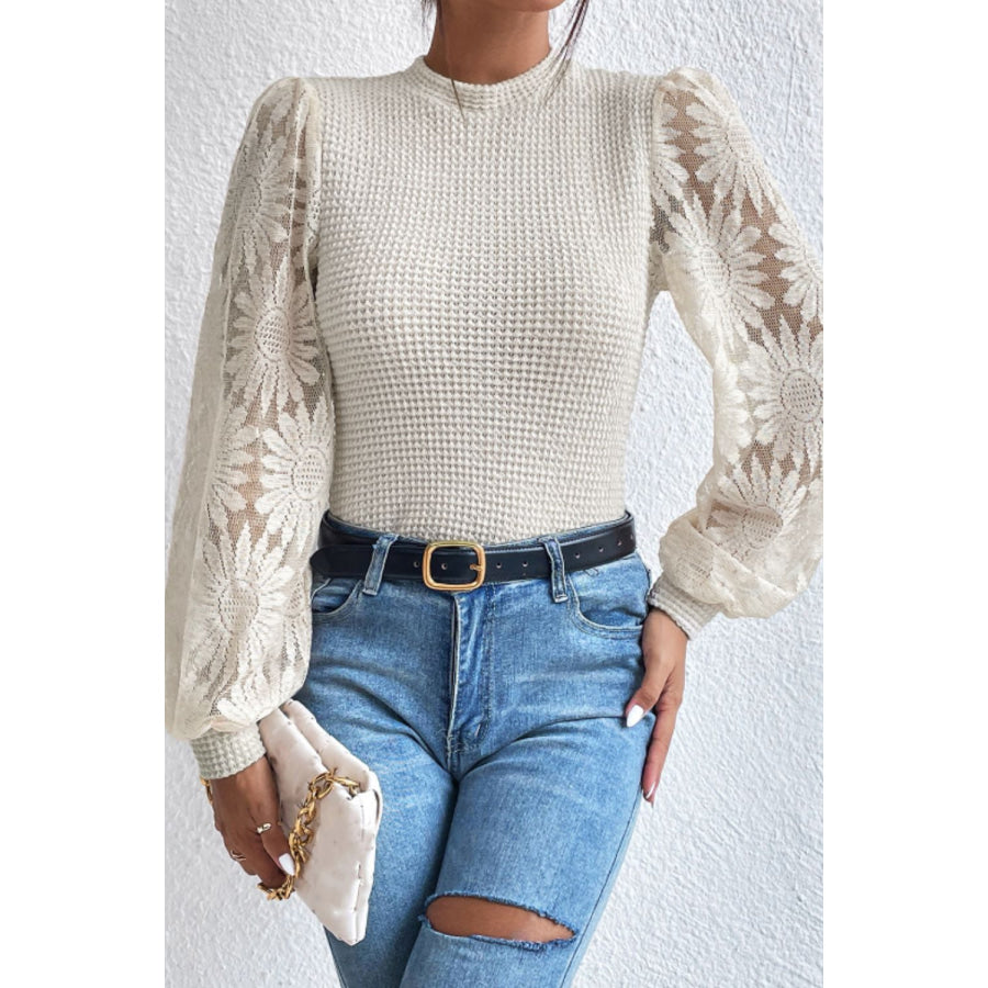 Mock Neck Lace Long Sleeve Top Ivory / S Apparel and Accessories