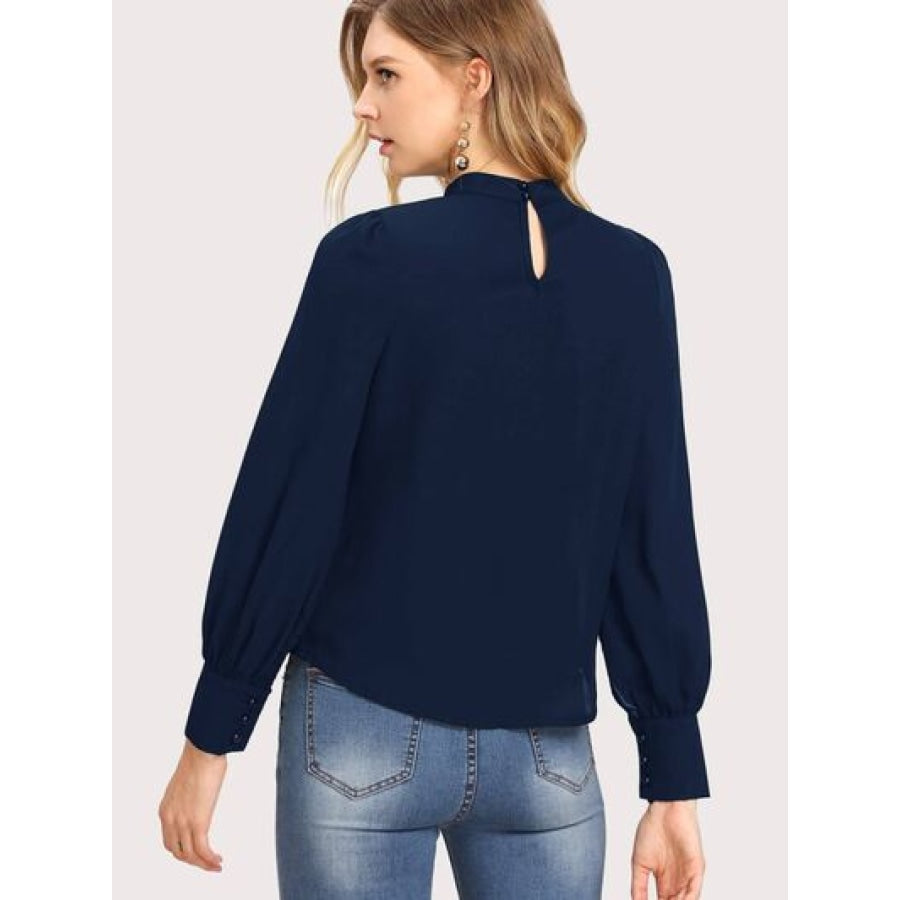 Mock Neck Lantern Sleeve Shirt Navy / XS Clothing