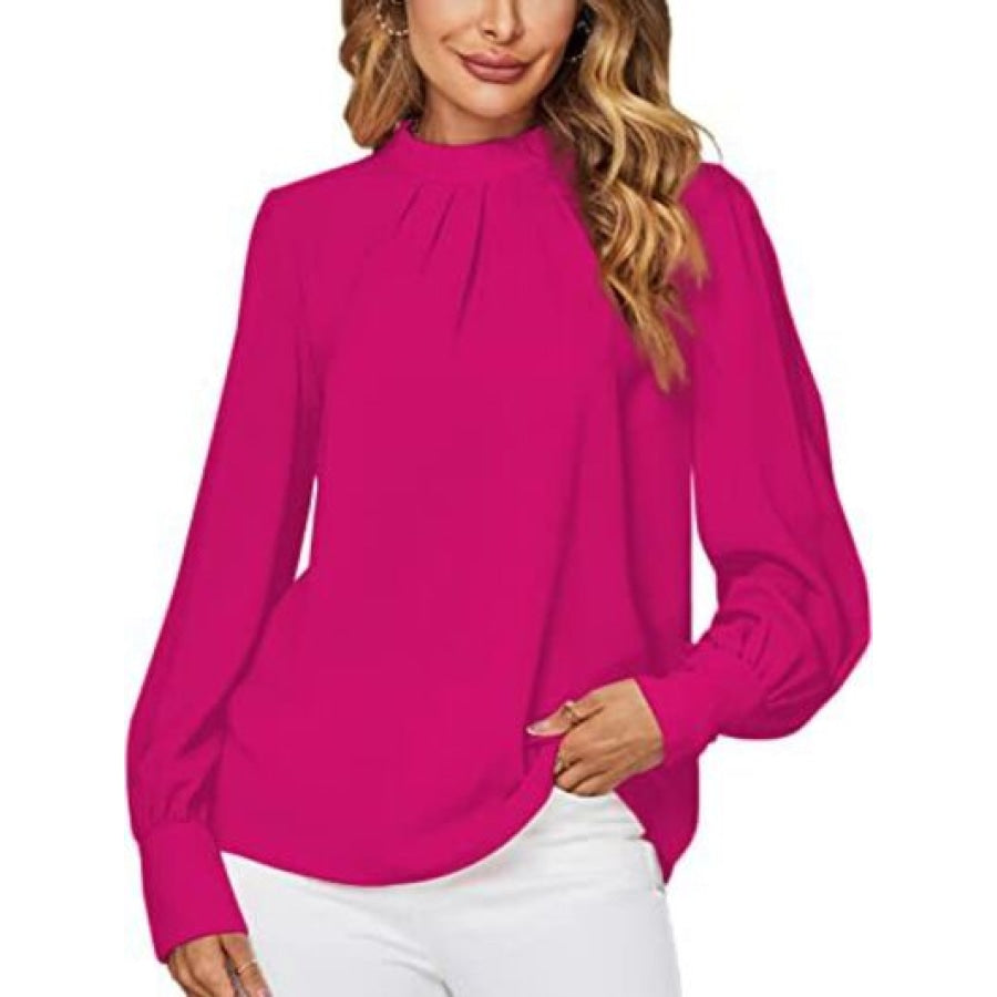 Mock Neck Lantern Sleeve Shirt Deep Rose / XS Clothing