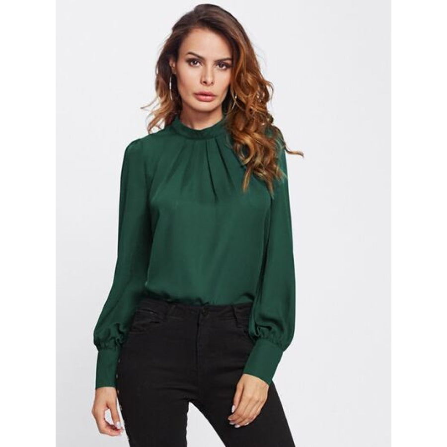 Mock Neck Lantern Sleeve Shirt Green / XS Clothing