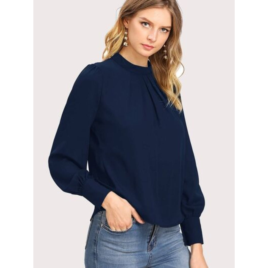 Mock Neck Lantern Sleeve Shirt Navy / XS Clothing