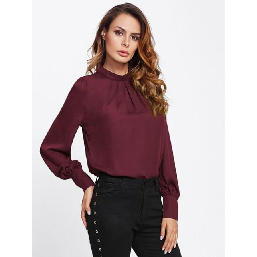 Mock Neck Lantern Sleeve Shirt Wine / XS Clothing