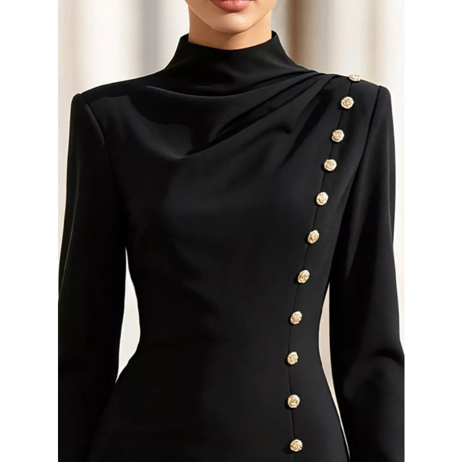 Mock Neck Long-Sleeve Bodycon Dress with Gold-Tone Button Detailing Apparel and Accessories