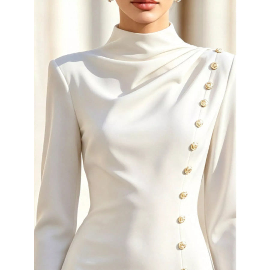 Mock Neck Long-Sleeve Bodycon Dress with Gold-Tone Button Detailing Apparel and Accessories