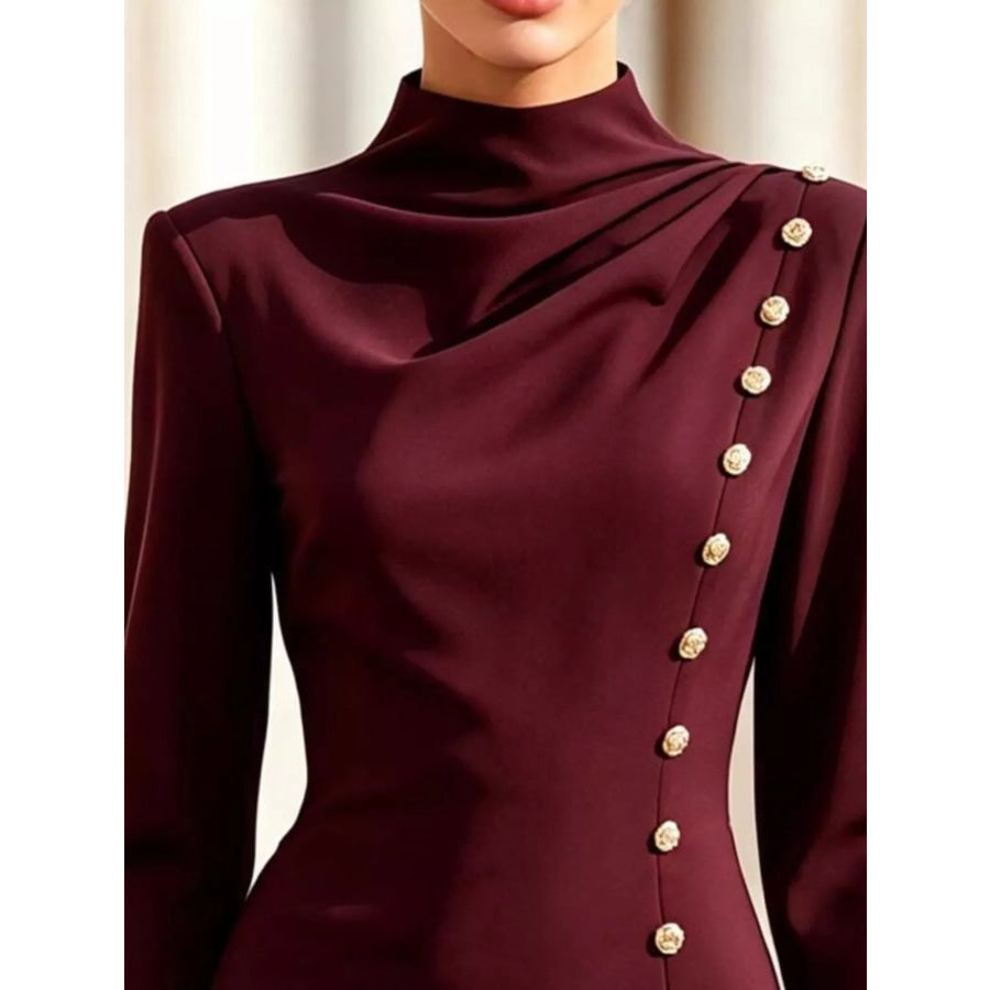 Mock Neck Long-Sleeve Bodycon Dress with Gold-Tone Button Detailing Apparel and Accessories