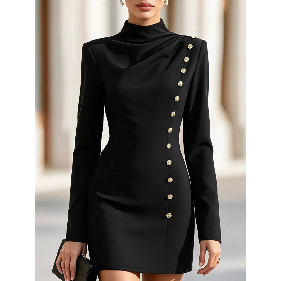 Mock Neck Long-Sleeve Bodycon Dress with Gold-Tone Button Detailing Black / S Apparel and Accessories