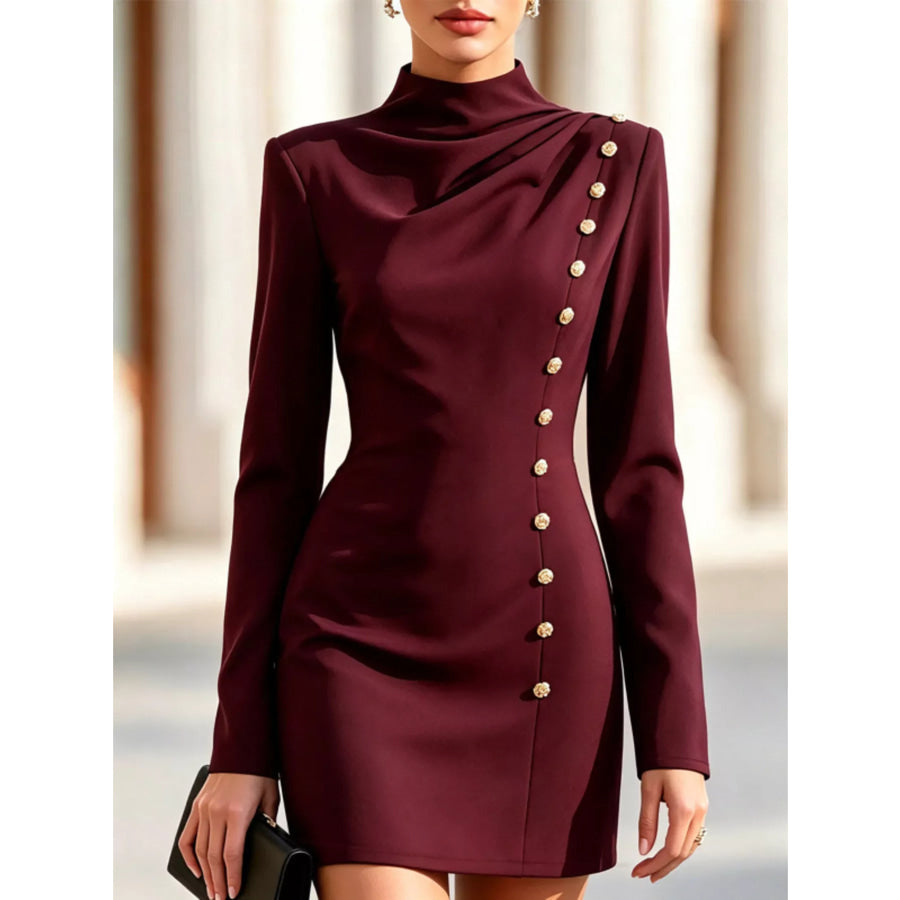 Mock Neck Long-Sleeve Bodycon Dress with Gold-Tone Button Detailing Burgundy / S Apparel and Accessories