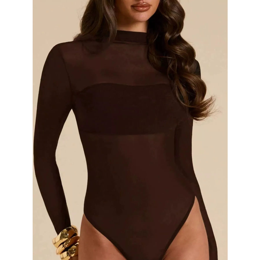 Mock Neck Long Sleeve Bodysuit Brown / S Apparel and Accessories