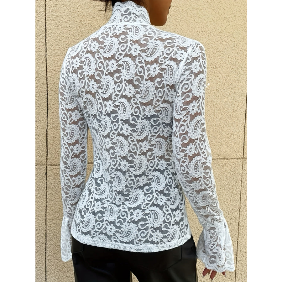 Mock Neck Long Sleeve Lace Top Apparel and Accessories