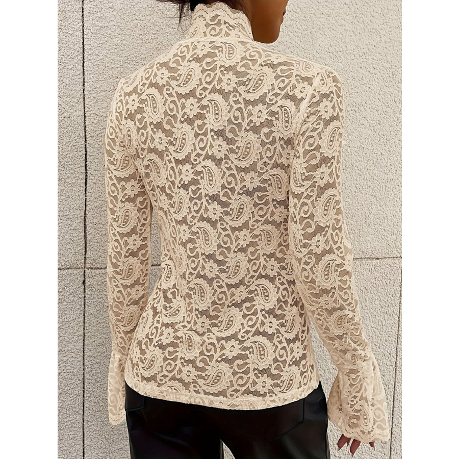 Mock Neck Long Sleeve Lace Top Apparel and Accessories