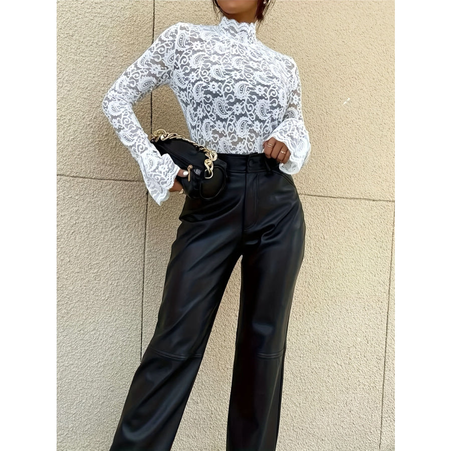 Mock Neck Long Sleeve Lace Top Apparel and Accessories