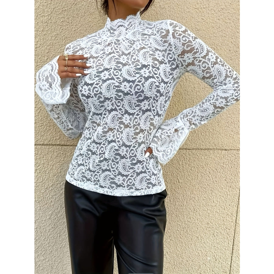 Mock Neck Long Sleeve Lace Top Apparel and Accessories