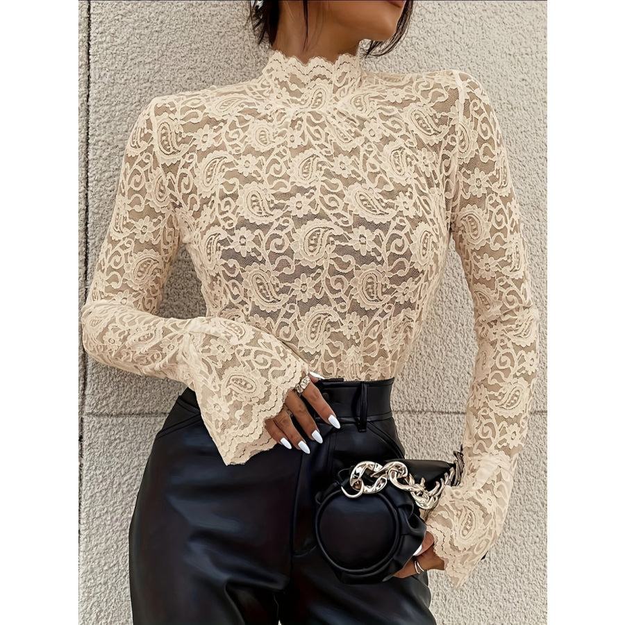 Mock Neck Long Sleeve Lace Top Apparel and Accessories