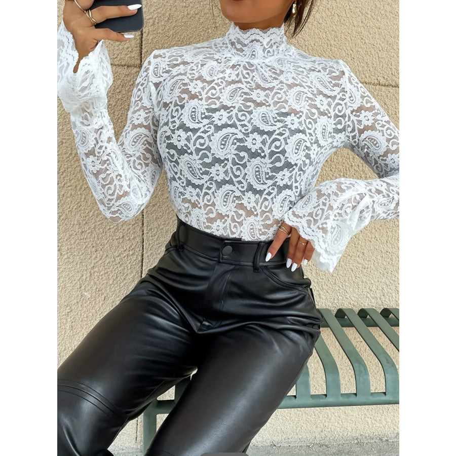 Mock Neck Long Sleeve Lace Top Apparel and Accessories