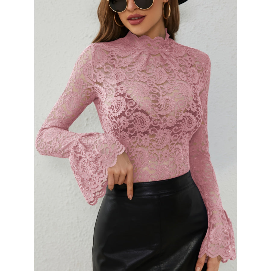 Mock Neck Long Sleeve Lace Top Dusty Pink / S Apparel and Accessories