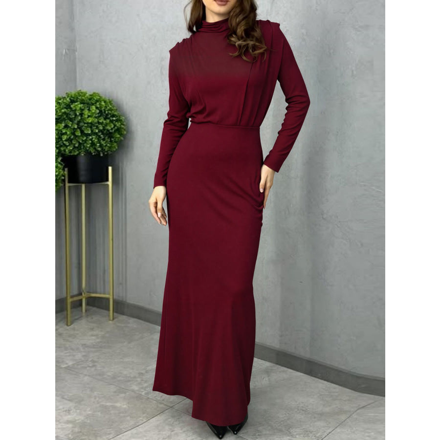 Mock Neck Long Sleeve Maxi Dress Burgundy / M Apparel and Accessories