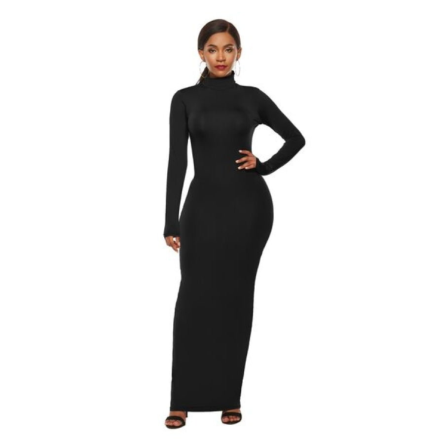 Mock Neck Long Sleeve Maxi Slim Dress Black / S Clothing