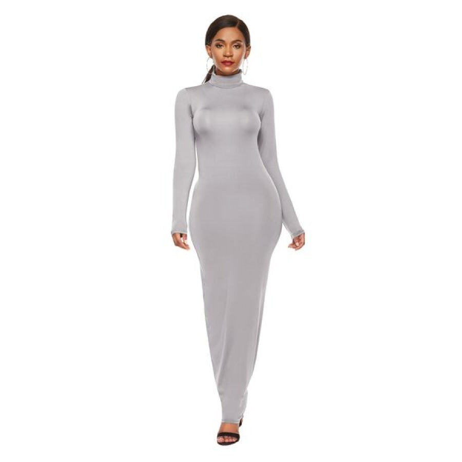 Mock Neck Long Sleeve Maxi Slim Dress Clothing