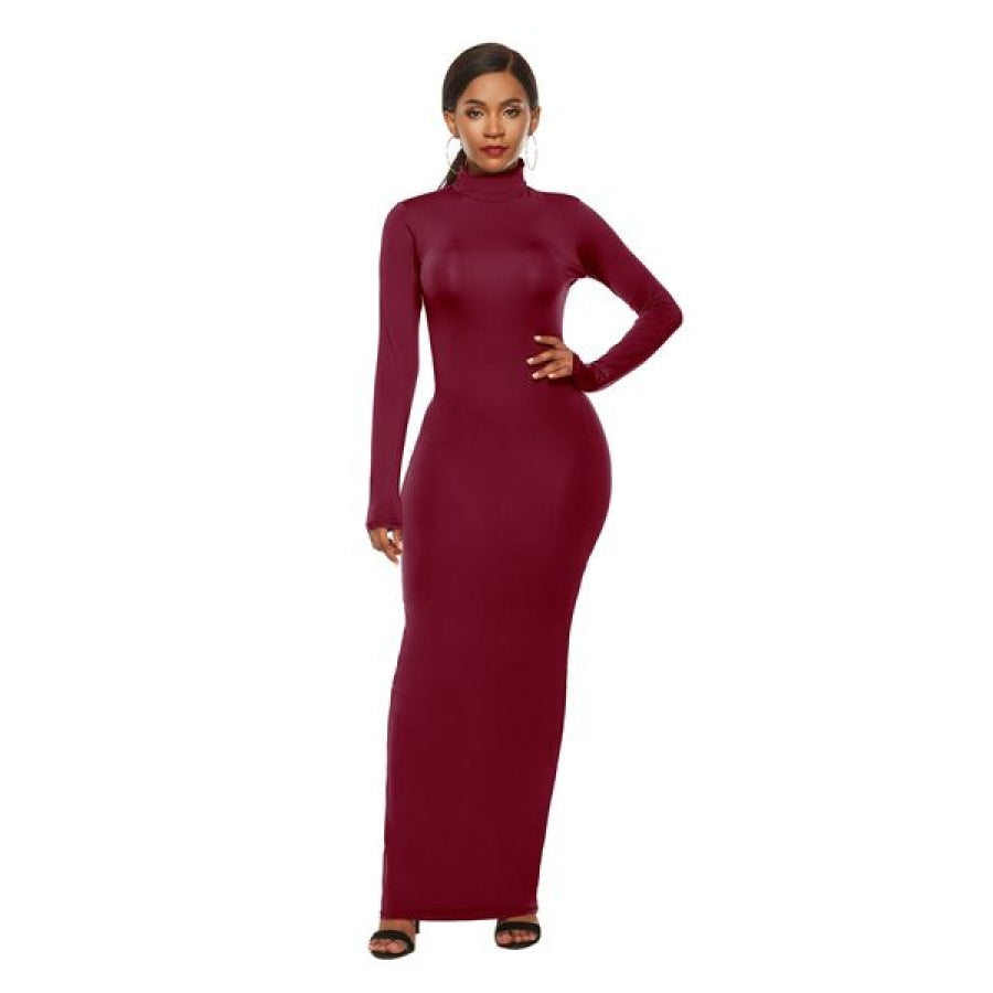 Mock Neck Long Sleeve Maxi Slim Dress Clothing