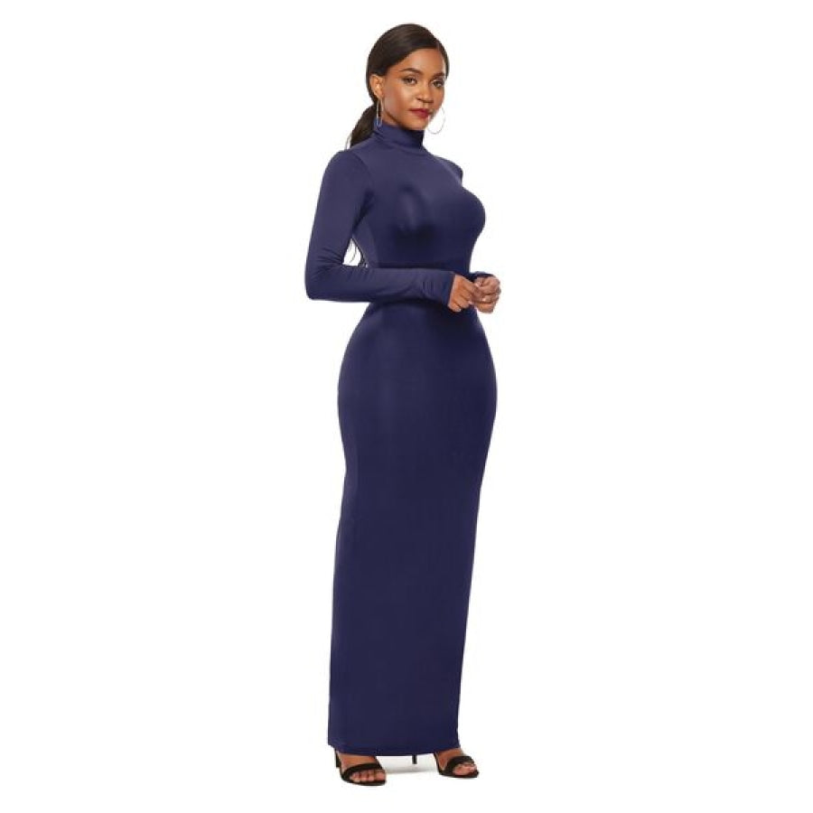 Mock Neck Long Sleeve Maxi Slim Dress Clothing