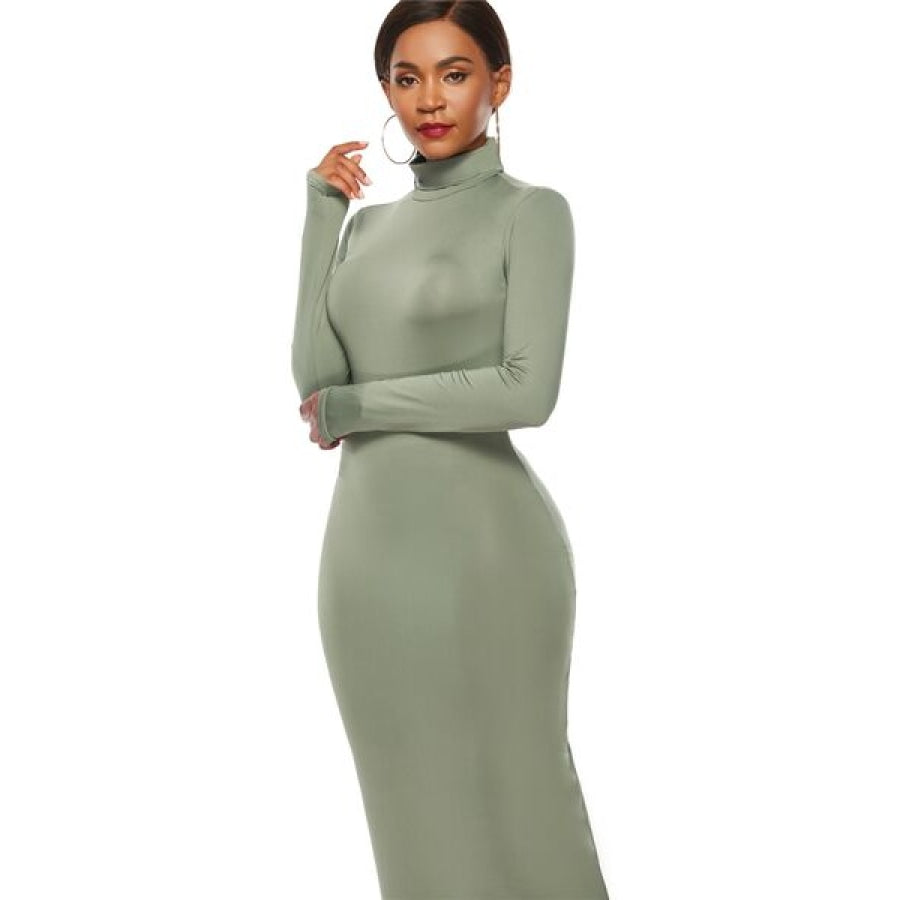 Mock Neck Long Sleeve Maxi Slim Dress Clothing