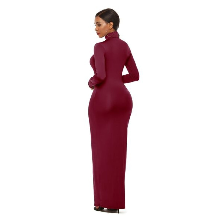 Mock Neck Long Sleeve Maxi Slim Dress Clothing