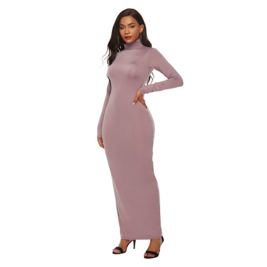 Mock Neck Long Sleeve Maxi Slim Dress Clothing