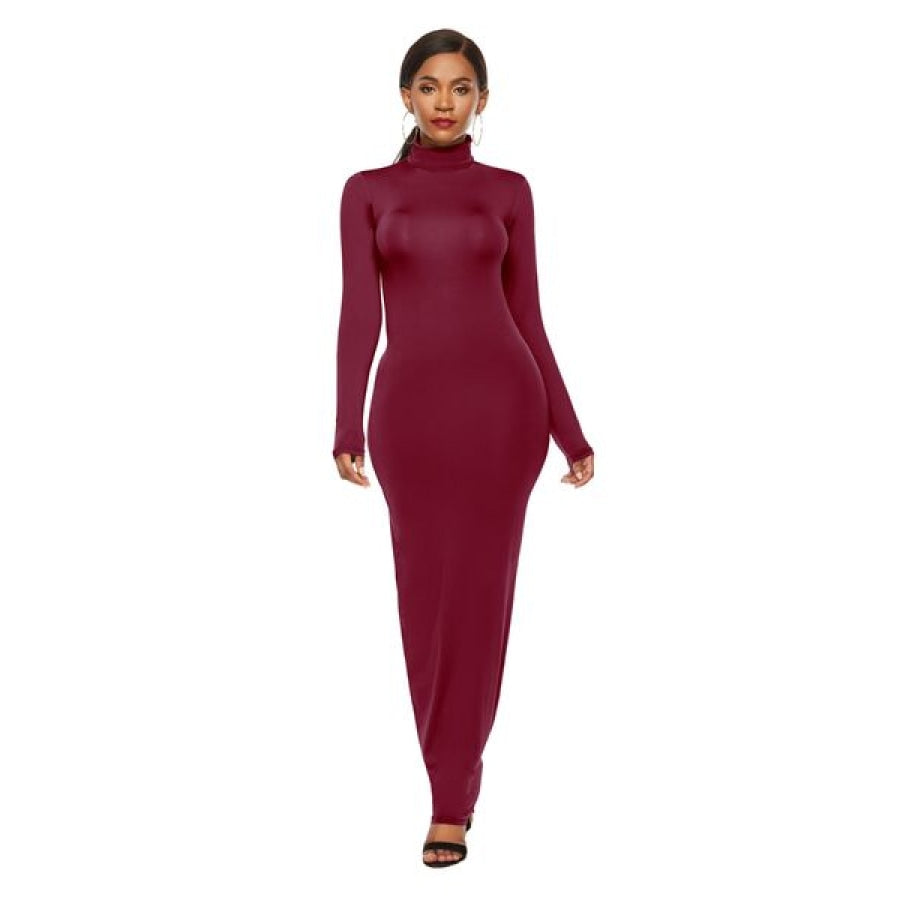 Mock Neck Long Sleeve Maxi Slim Dress Clothing