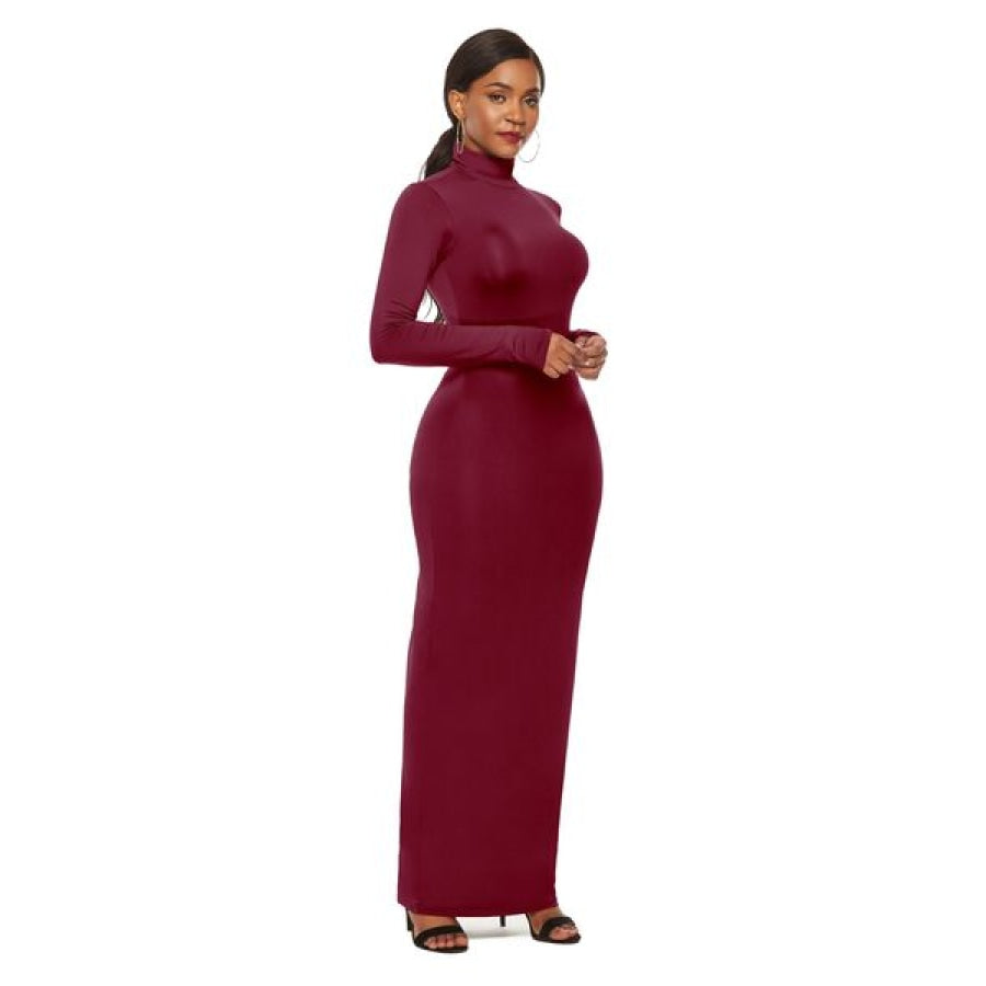 Mock Neck Long Sleeve Maxi Slim Dress Clothing