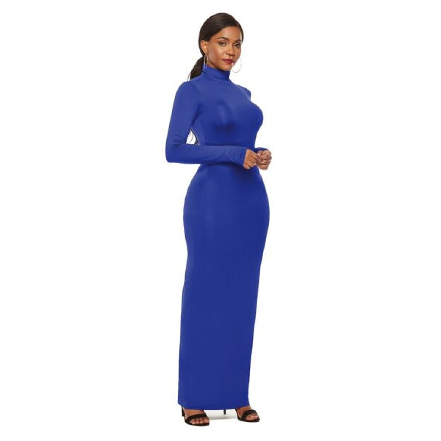 Mock Neck Long Sleeve Maxi Slim Dress Clothing