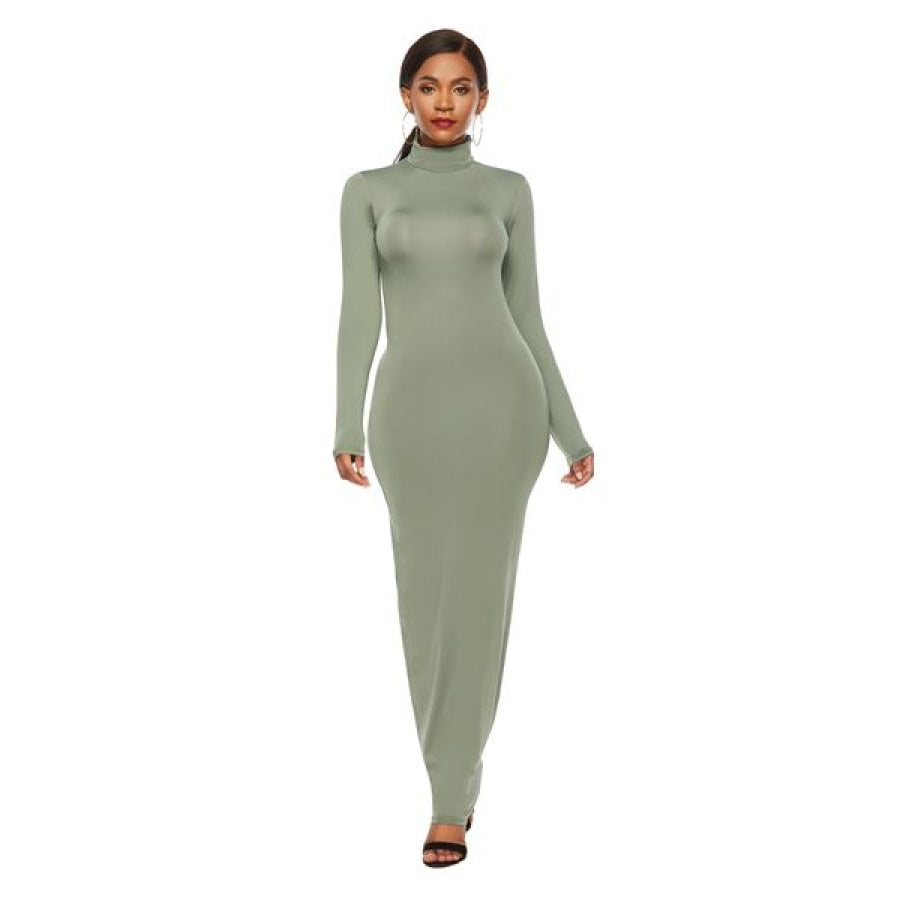 Mock Neck Long Sleeve Maxi Slim Dress Clothing