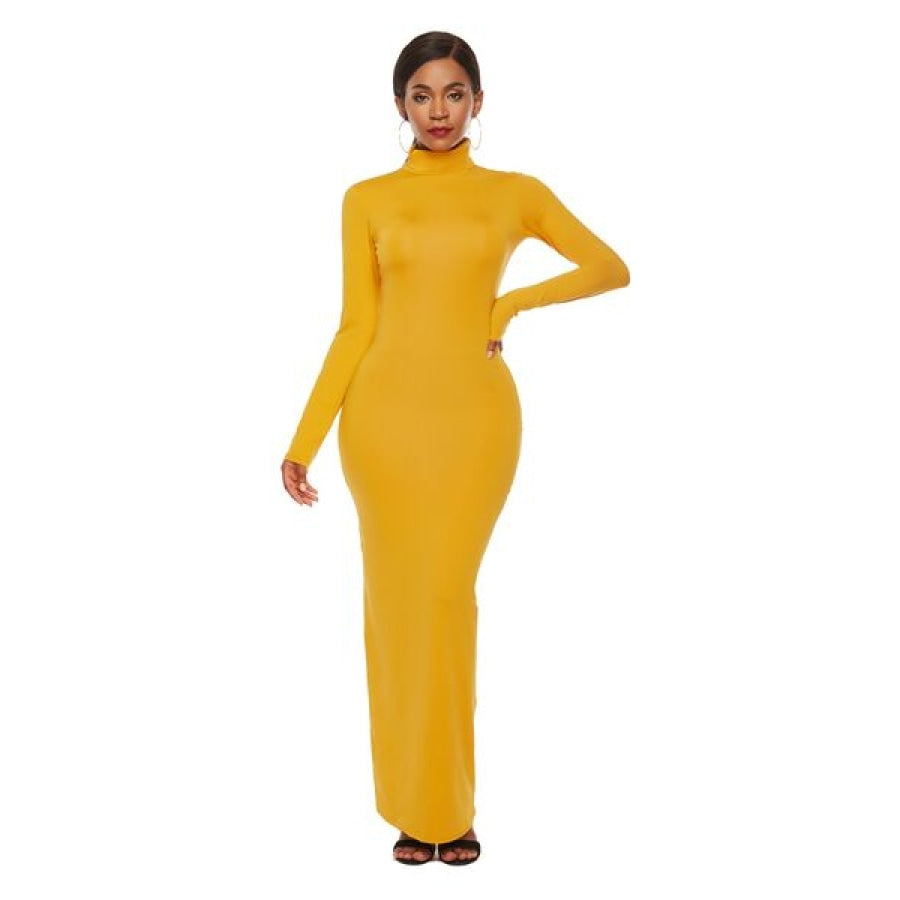 Mock Neck Long Sleeve Maxi Slim Dress Clothing