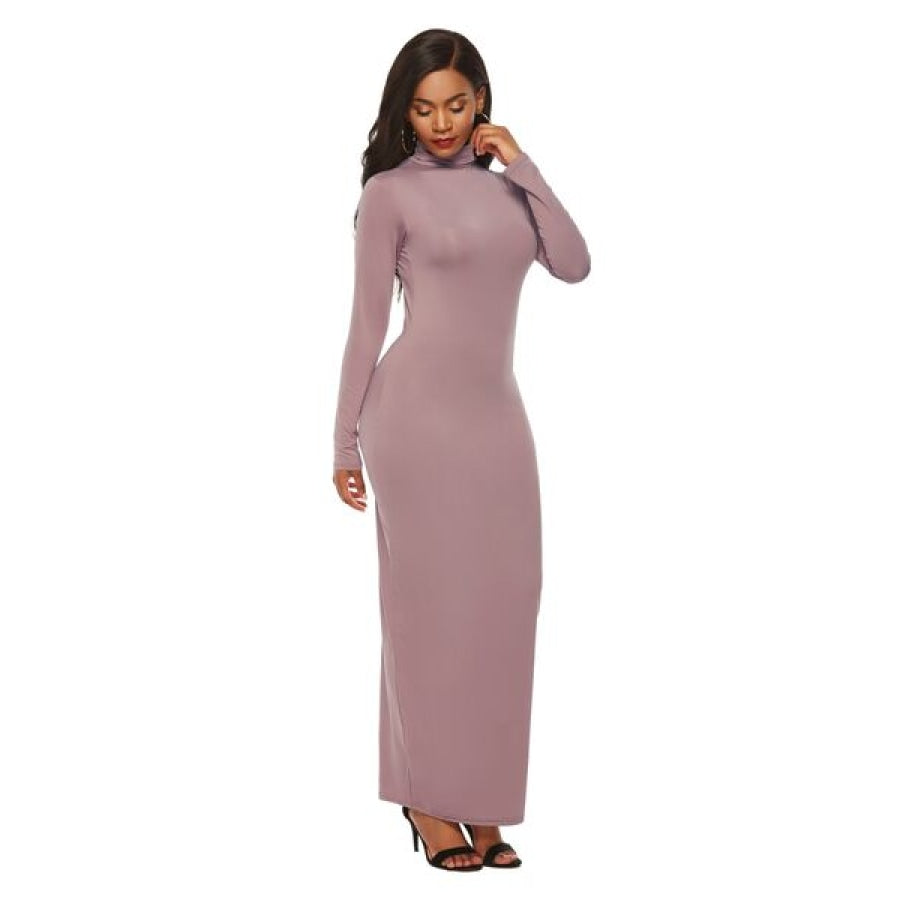 Mock Neck Long Sleeve Maxi Slim Dress Clothing