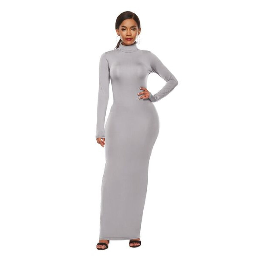 Mock Neck Long Sleeve Maxi Slim Dress Light Gray / S Clothing