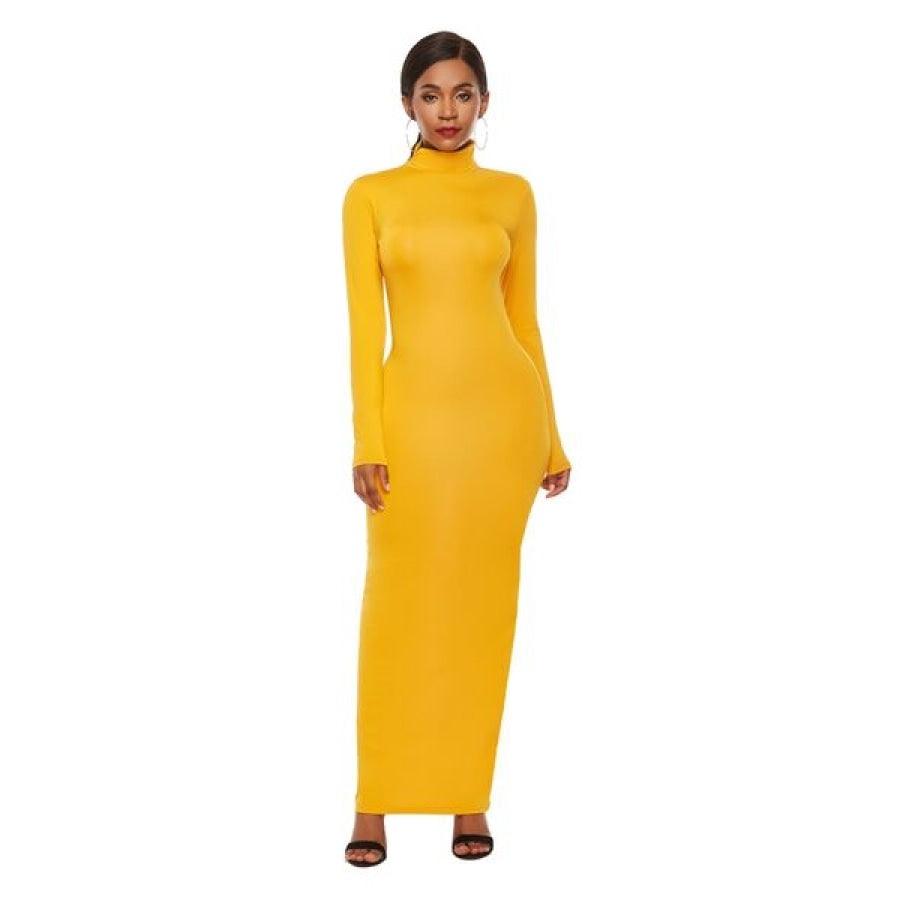 Mock Neck Long Sleeve Maxi Slim Dress Mustard / S Clothing