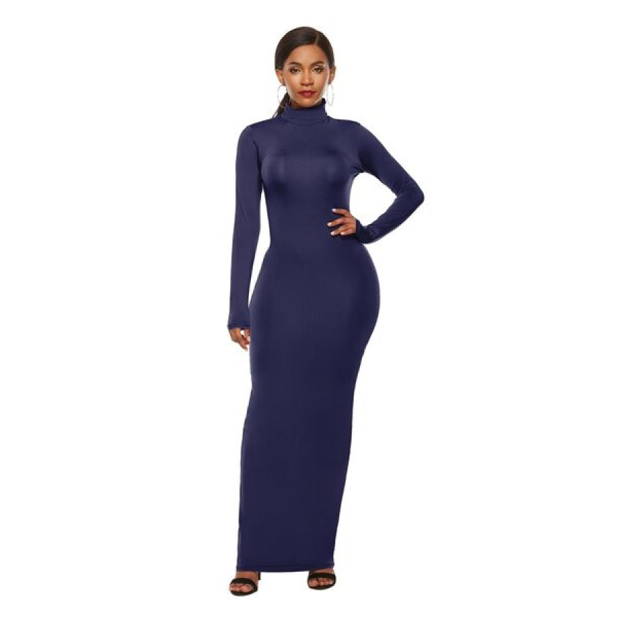 Mock Neck Long Sleeve Maxi Slim Dress Navy / S Clothing