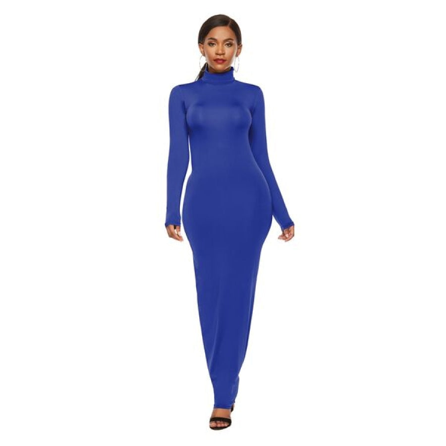 Mock Neck Long Sleeve Maxi Slim Dress Royal Blue / S Clothing