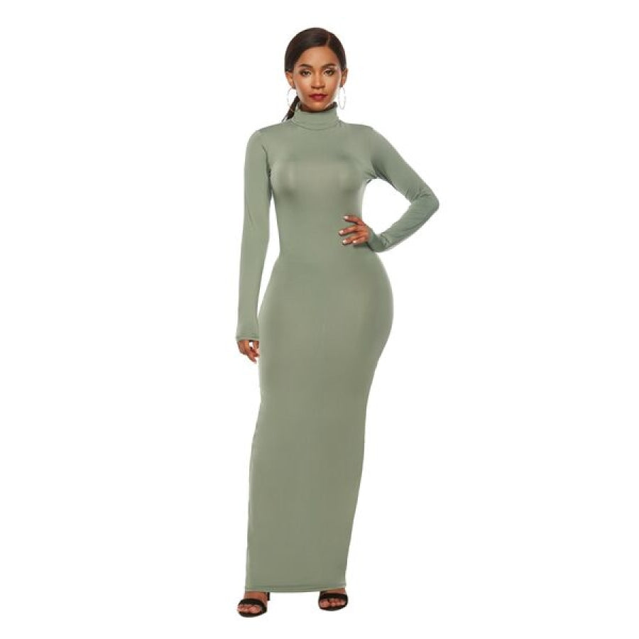 Mock Neck Long Sleeve Maxi Slim Dress Sage / S Clothing