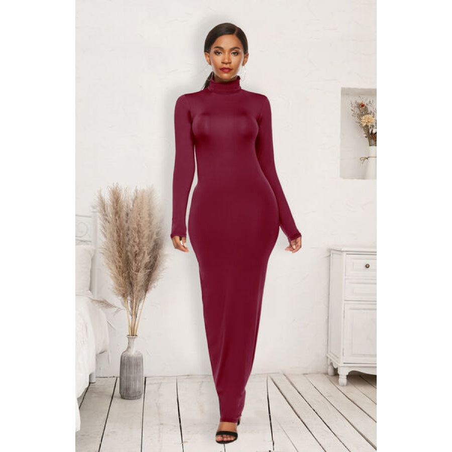 Mock Neck Long Sleeve Maxi Slim Dress Wine / S Clothing