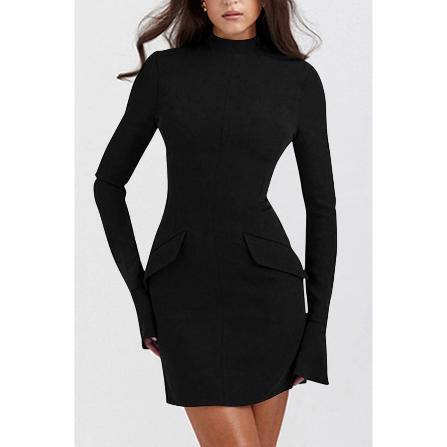 Mock Neck Long Sleeve Mini Dress Black / XS Apparel and Accessories