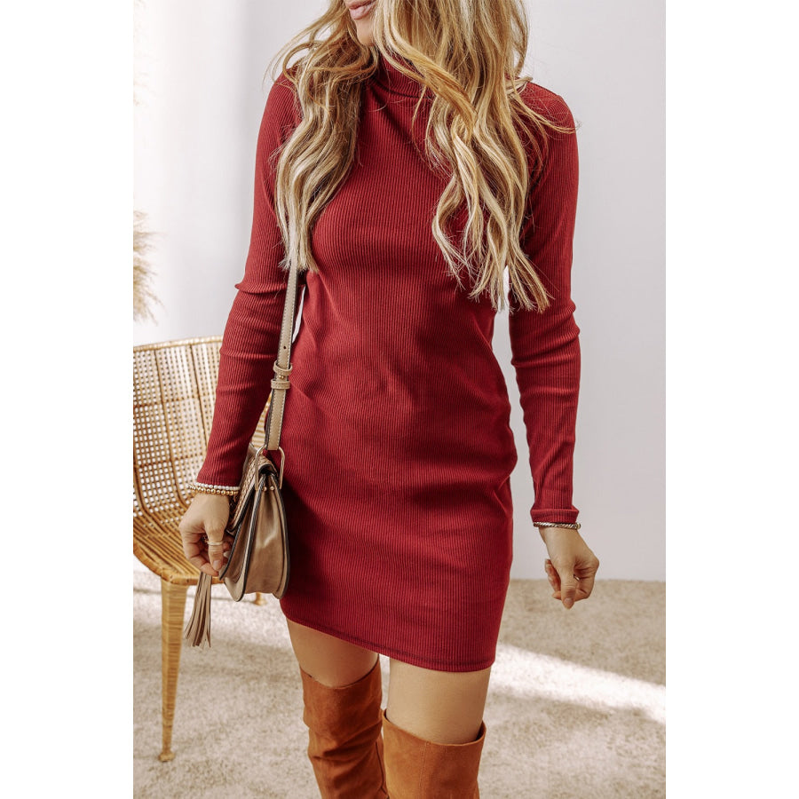 Mock Neck Long Sleeve Mini Dress Scarlet / S Apparel and Accessories