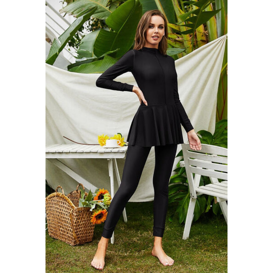 Mock Neck Long Sleeve One-Piece Swimwear Apparel and Accessories