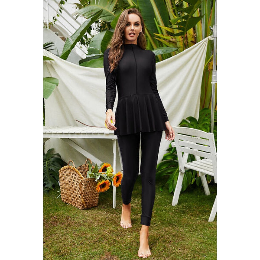 Mock Neck Long Sleeve One-Piece Swimwear Apparel and Accessories