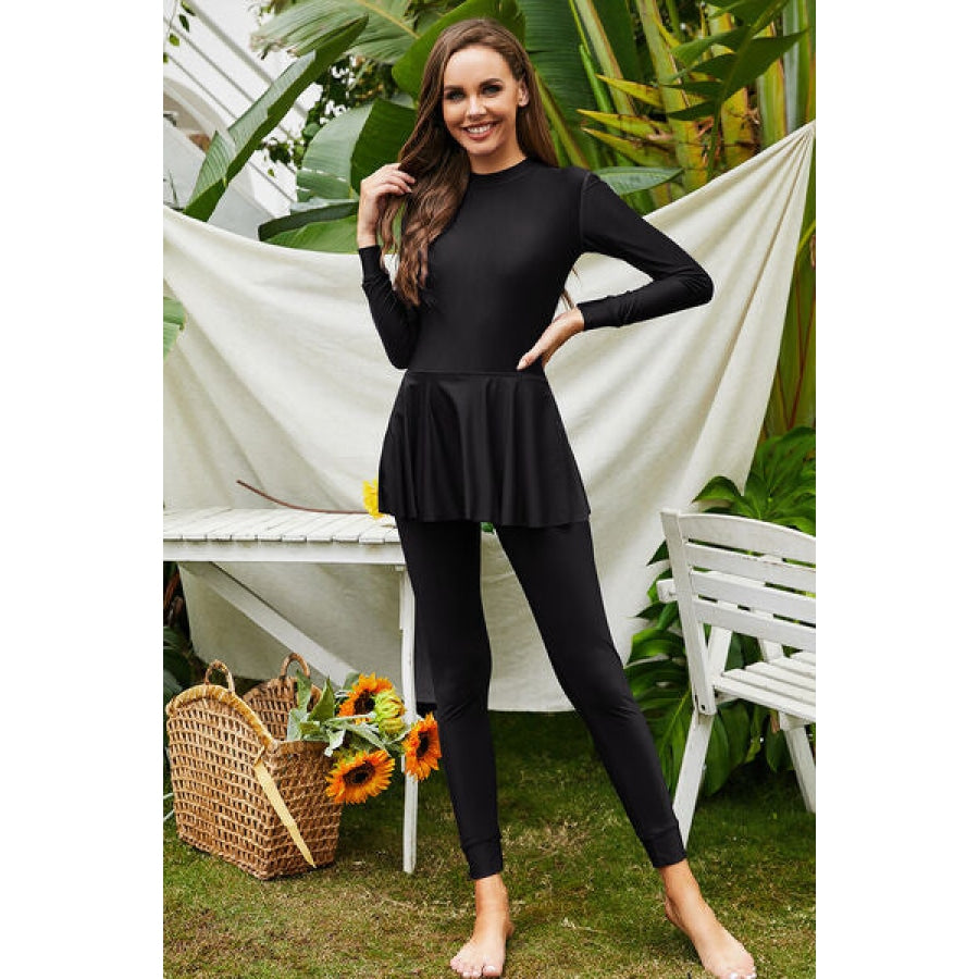 Mock Neck Long Sleeve One-Piece Swimwear Apparel and Accessories