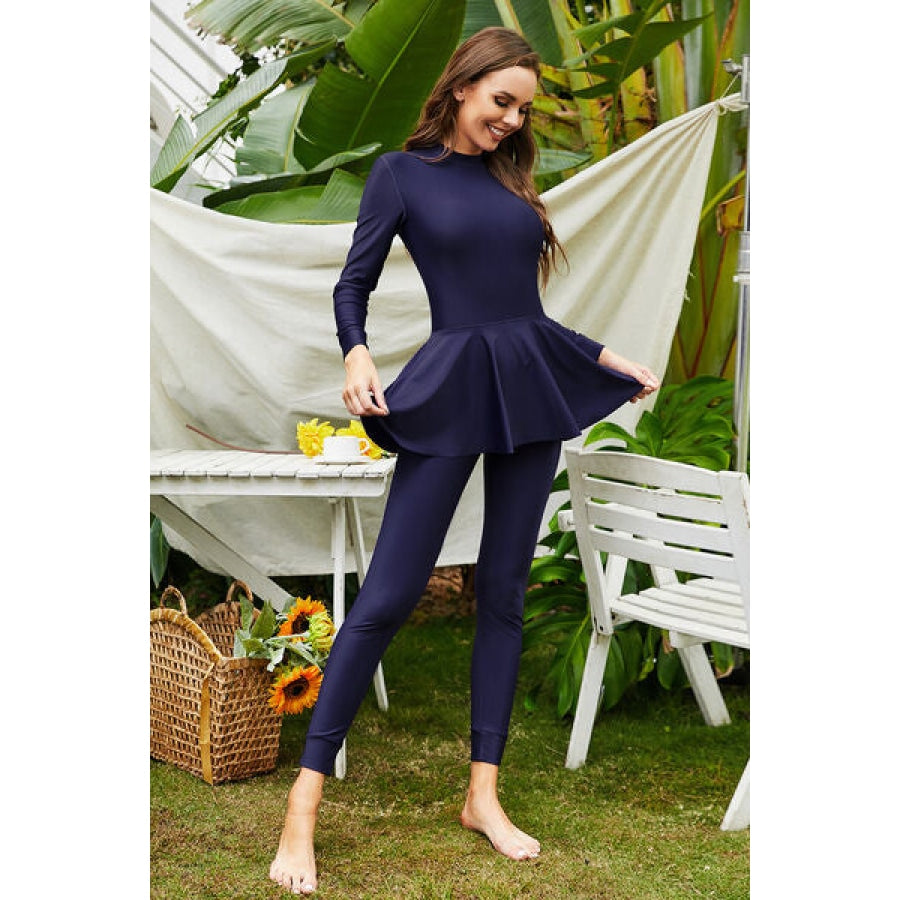 Mock Neck Long Sleeve One-Piece Swimwear Dark Navy / S Apparel and Accessories